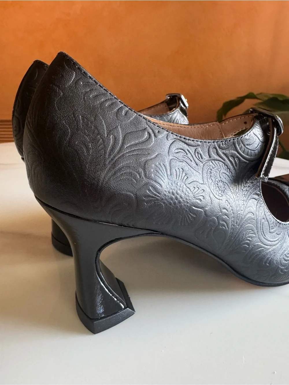 John Fluevog Malala Big Presence Black Embossed Leather Mary Jane Heels 7